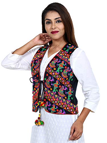 Image of Craft Trade Women's Cotton Embroidered Kutchi Jacket with Tassels Sleeveless Mirror Work