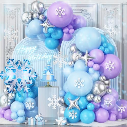 Winter Snowflake Balloons Garland Arch Kit, Blue Silver Purple Sn...
