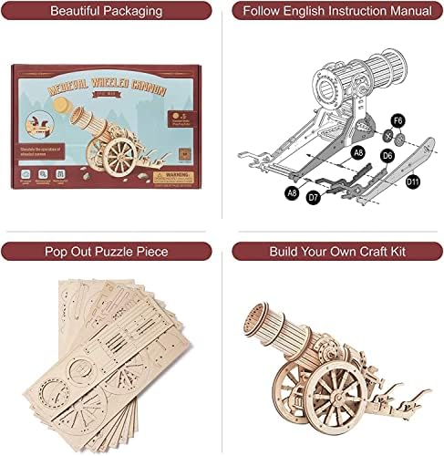 RoWood 3D Wooden Puzzles Wheeled Cannon, Wooden Construction Building Model Kits for Adults to Build
