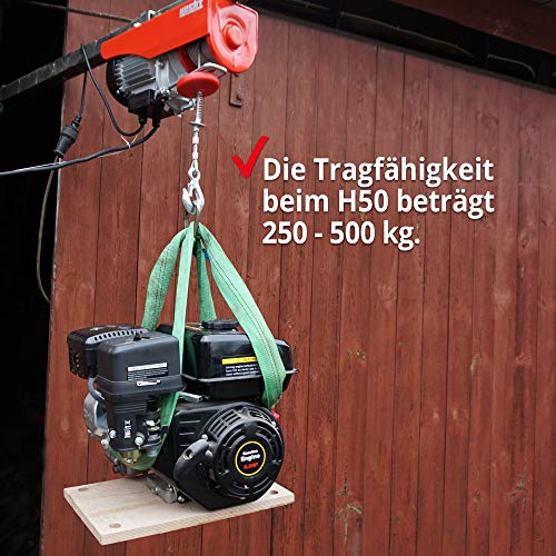 Foto von HECHT Elektro Seilzug – 250 kg – 500 kg – 230v – mit Fernbedienung, Umlenkrollen, Stahlseil, automatischer Bremse – Elektrischer Deckenlift zum Befördern von schwerer Last für Werkstatt & Garage H50