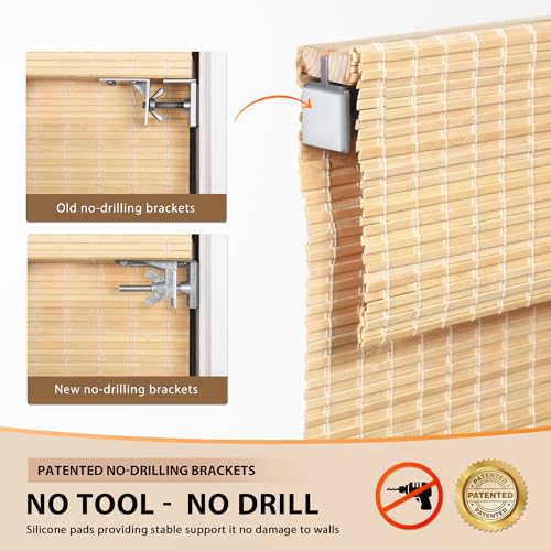Image of LazBlinds No Tools No Drill Cordless Bamboo Roman Shades, Privacy Window Treatment, Roll Up Bamboo Blinds for Windows 20'' W x 64'' H, Natural