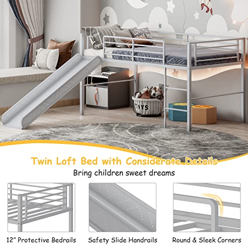 Giantex Twin Loft Bed With Slide, Metal Low Bunk Bed W/Safety Guardrails & Built-In Ladder, Toddler Bed Floor Frame For Boys & Girls, No Box Spring Needed (Silver) #TOP5