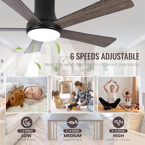 Image of 52 Inch Ceiling Fans with Lights and Remote, Flush Mount Black Ceiling Fan