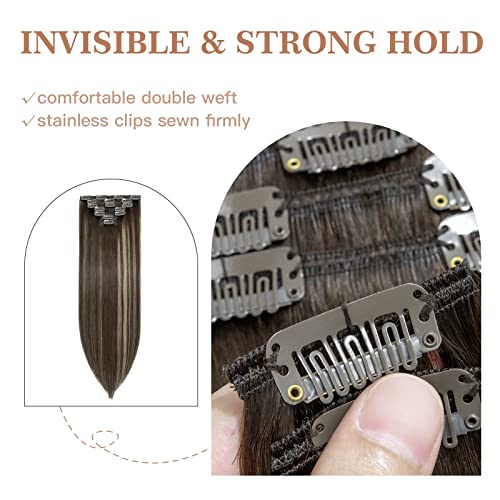 Image of S-noilite Clip in Hair Extensions Real Human Hair 20 Inch Balayage Dark Brown Mixed Chestnut Brown 7pcs 120g Double Weft Thick Silky Seamless Remy Clip in Hair Extensions-#(T2 /6) /2