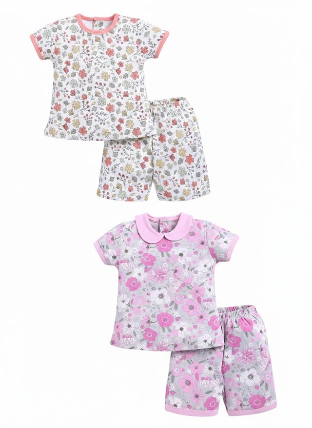 Image of Baby Girls 100% Cotton Printed Half Sleeve T-shirt & Short Summer Clothing Sets (Pack Of 2)