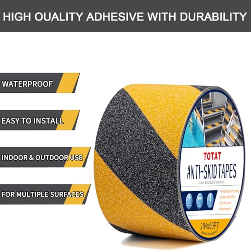 Image of Black & Yellow Anti-Slip Stair Treads Tape, 2 inch x50FT Heavy Duty Non-Skid Grip Tape for Indoor /Outdoor Steps, Bathroom & Pool - PVC Waterproof Safety Traction Tape