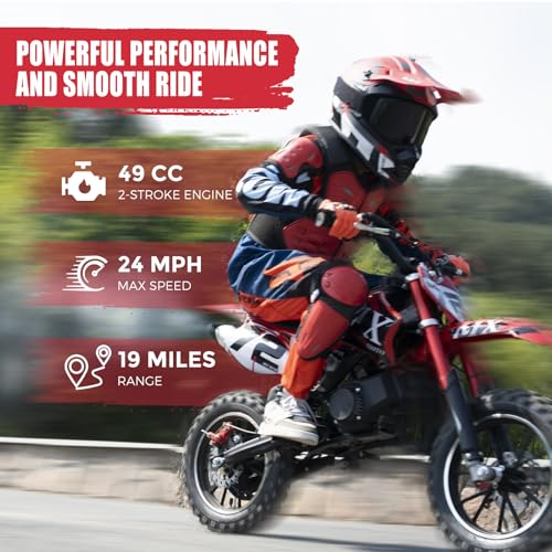 Image of Gas Dirt Bikes for Kids, 50cc 2 Stroke Kids Dirt Bike, 49cc Dirt Bike Up to 24 MPH Pull Start, Pit Bike for Boys Girls, Gas Dirt Bike Dual Disc Brake Inverted Fork Off Road, Red