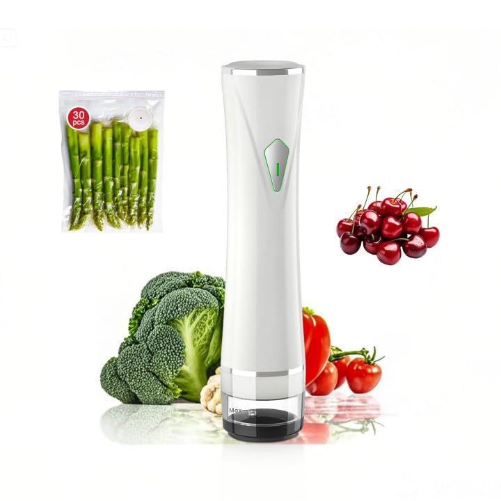 HxTech Vacuum Sealer for Food, Handheld Compact Sealer with Visible Water Tank and 30 Reusable Bags, for Meal Prep, Travel, and Kitchen Storage, White