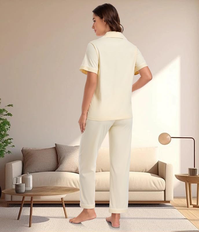 Image of CF 100% Cotton Pajamas for Women Set 2 Piece Short Sleeve Tops and Long Pants Comfy Well-Fitted Loungewear Set Pj Sets