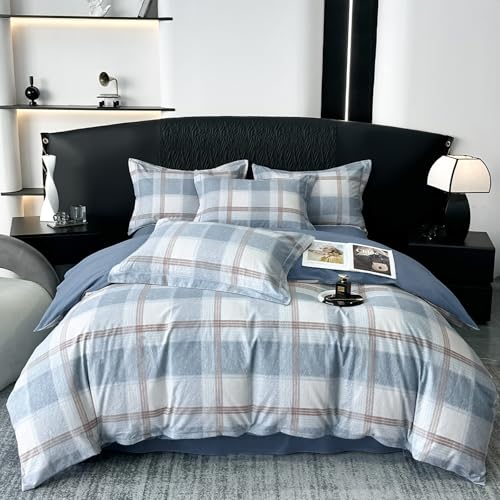 Image of VM VOUGEMARKET Blue Plaid Duvet Cover Queen,3 Pieces Soft Brushed Cotton Duvet Cover Set,Simple Modern Teen Boys Gingham Bedding Set Without Comforter-90x90 Inch