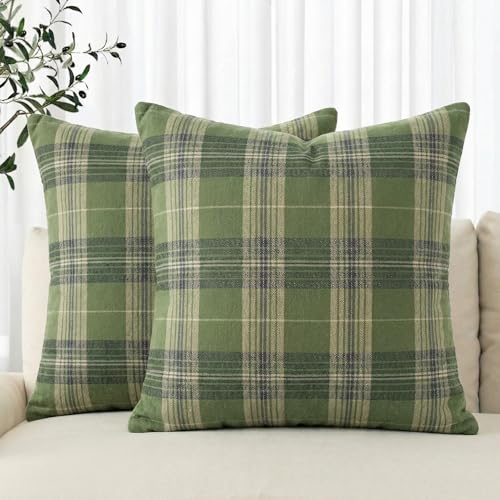 AVOIN colorlife Spring Summer Green Khaki Plaid Decorative Throw Pillow Covers 18 x 18 Inch Holiday Scottish Tartan Cushion Case Farmhouse Decoration for Sofa Couch Set of 2