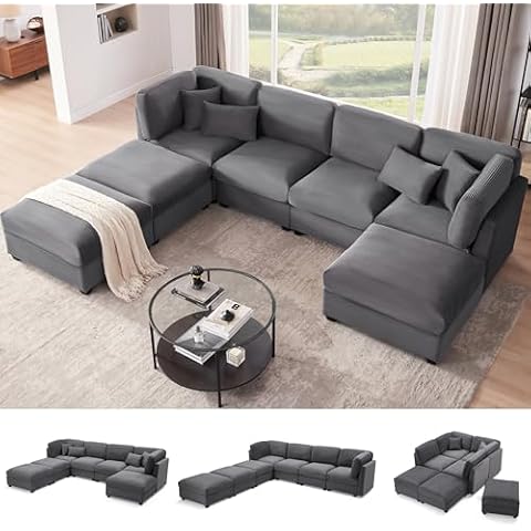 Huatean Home 140 Inch Oversized Corduroy Modular Sectional Sofa, U Shaped Modular Couch with Storage, 7 Seat Convertible Corduroy Couch, Comfy Sectional Couches for Living Room with Memory Foam, Grey Cover