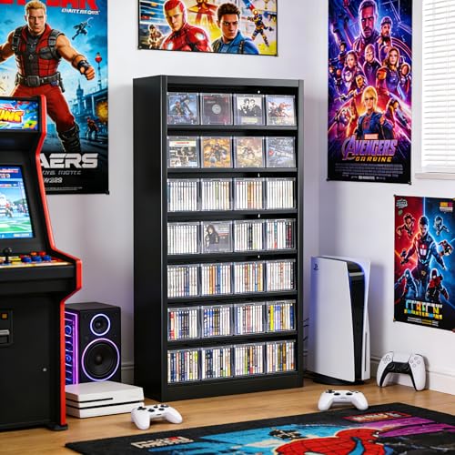 Metal DVD Storage Shelves, 7-Tier CD Storage Rack with Adjustable Shelves, DVD Organizer Shelf, Media Cabinet for CD Holder, Movies, Blu rays, Games, Black Book Shelf for Living Room & Home Office - Thumbnail 3