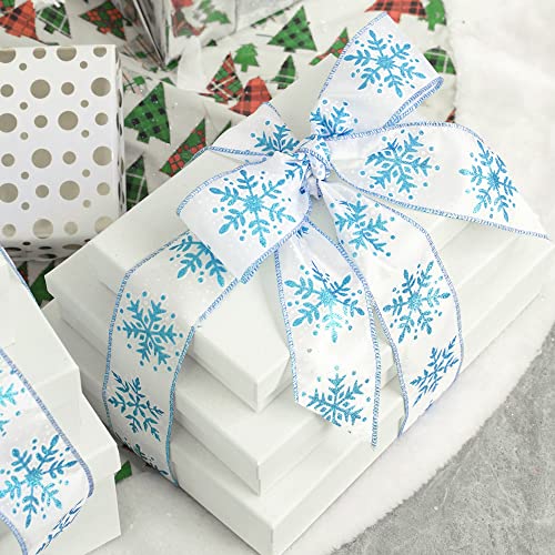 MEEDEE Blaues Schneeflockenband, weißes Band mit blauem Glitzer-Schneeflockenband, 6.3 cm, Weihnachtsband… – Ansicht 6
