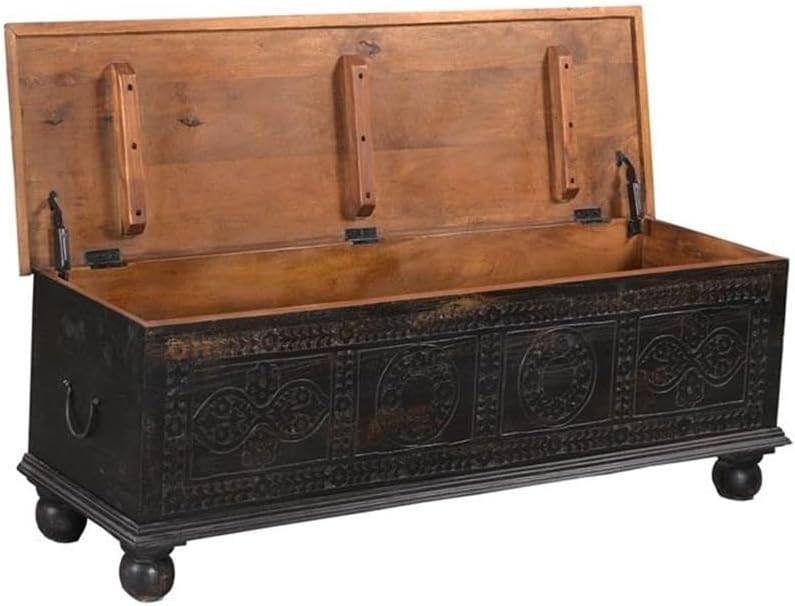 Pemberly Row Modern Carved Solid Wood Storage Ottoman, 54" W x 18" H x 16" D, Black Finish, Mango Wood, Farmhouse Style, Lift-Top with Storage, Versatile Entryway, Living Room, or Bedroom Seating and