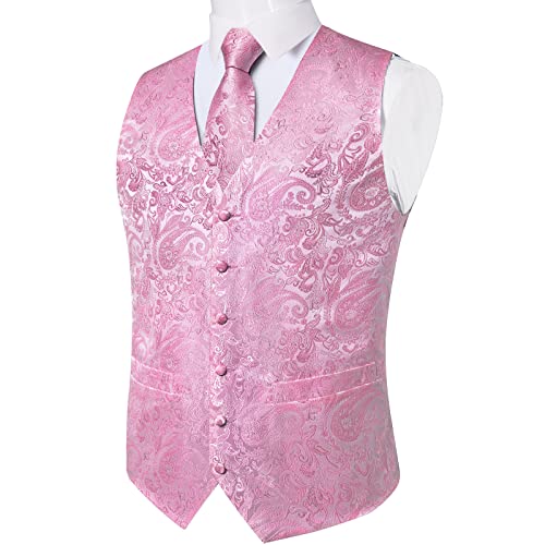 Dibangu Mens Pink Paisley Suit Vest,Solid Color Waistcoat Necktie And Tie Clip Pocket Square Cufflink Lapel Pin Brooch Set For Men,Business Formal Dress Vest For Wedding Tuxedo #TOP3