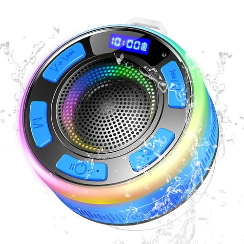 Altavoz Bluetooth, Altavoz Ducha Bluetooth 5.3 con Luces RGB, 360° Sonido Estéreo, Pantalla LED, Altavoces Impermeable IP7 con Ventosa y Microfono, Speaker para Hogar, Fiesta, Ducha, Bathro, Azul