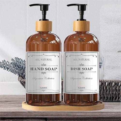 Image of Sunrise Premium 16 OZ Thick Amber Glass Soap Dispenser, Bamboo Pump with Tray 2 Pack, Hand and Dish Soap Dispenser Set for Bathroom with 6 Waterproof Labels
