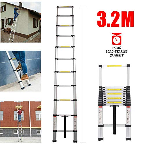 Telescoping Ladder 3.2M 10ft Aluminum Telescopic Extension Multi Purpose Ladder (330 pound/150 kg ,EN131) for Clean Decorate Party Replace The Bulb