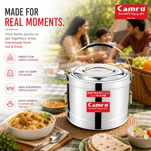 Image of Camro Sambar Pot Stainless Steel 7.5 Liters | Sambar Container with Lid | Casserole for Cooking | Canteen & Hotel Casserole Container | Picnic HotPot | Biryani Box Puff Insulated Hot & Cold Serving