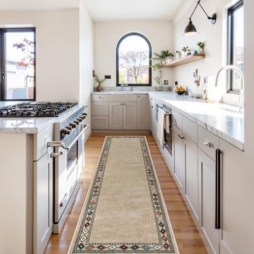 Image of Lahome Modern Bordered Hallway Runner, 2.5x8 Rug Non-Slip Washable Kitchen Runner Rugs Non Skid Washable Ultra-Thin Soft Carpet for Hallways Bathroom Laundry Bedroom (2.5'x 8',Beige)