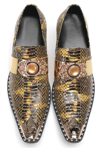 Men's Slip On Gold Dress Shoes Snakeskin Leather Loafers – Metal Pointed Toe, Chunky Heel, Comfortable Fashion Casual Shoes for Party,Ballroom,Bar Wear3