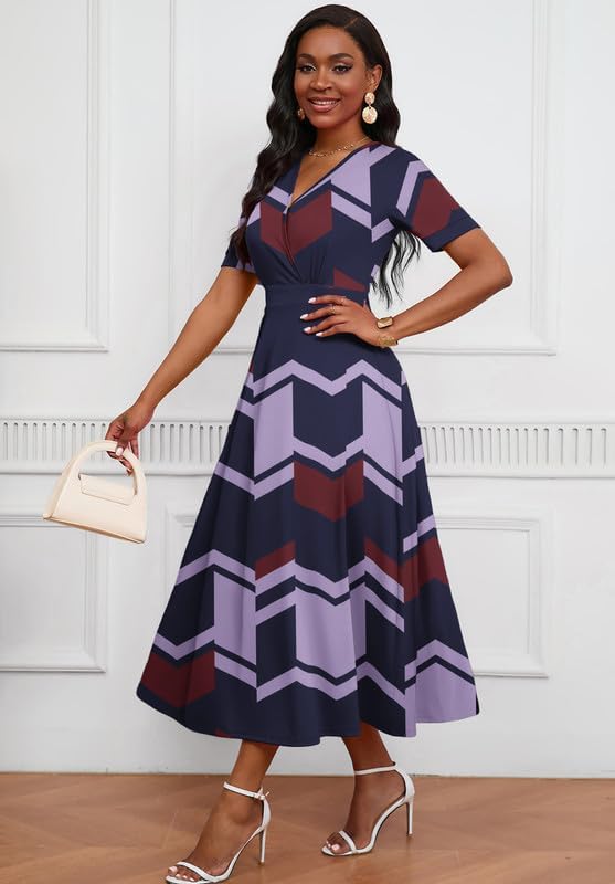Image of MarryUP Women's Midi Dresses - V Neck Cocktail & Church Tea Dresses - Short Sleeve A-Line Swing Dress