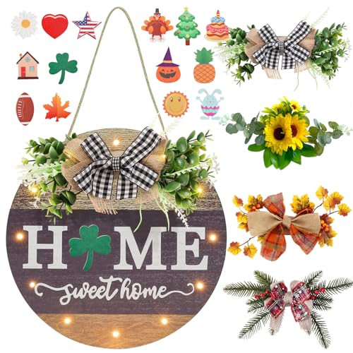 Interchangeable Seasonal Welcome Sign Front Door Decoration with 4 Seasonal Wreaths and LED Light, Rustic Round Wood Wreaths Wall Hanging Outdoor, Farmhouse Front Door Decoration Home Décor