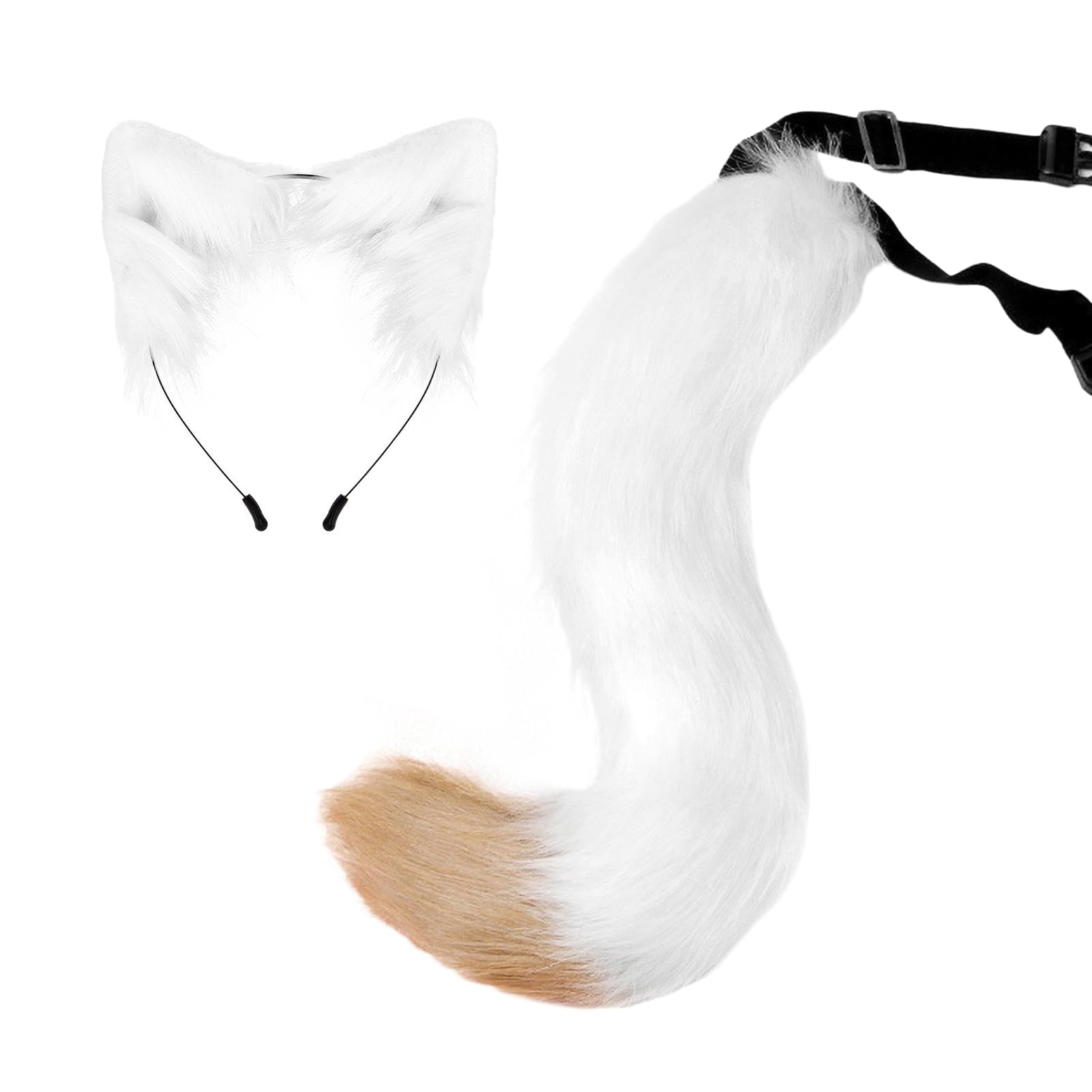 Kreeqe Enchanting Fluffy Faux Fox Tail Cat Ears Halloween Headband Accessories Set Adult Cosplay Costume Party(White-camel,M)