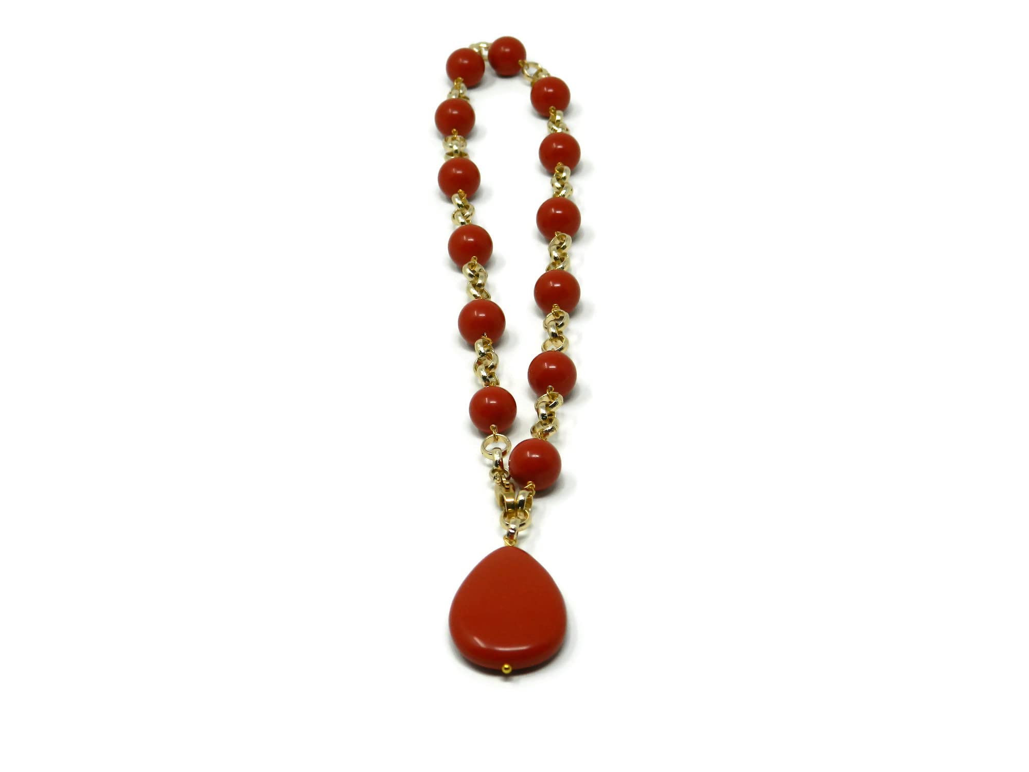 Collana girocollo donna in pasta di corallo rosso Sardegna – Palline 12 mm e goccia piatta 25x35 mm – Catena dorata 48 cm – Handmade Made in Italy – Anallergica Nickel-Free - DodiGioielli