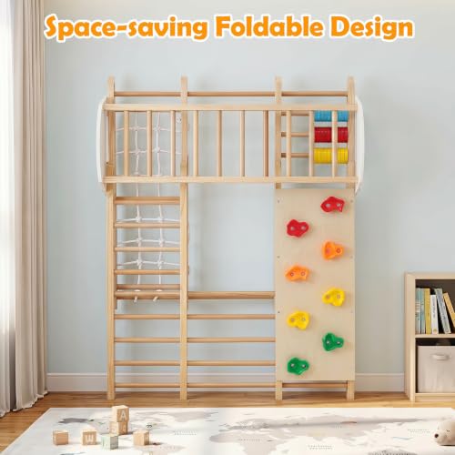 Image of Costzon Indoor Playground, 8-in-1 Foldable Indoor Jungle Gym for Kids | Montessori Jungle Gym Beech Wood Climbing Toys for Toddlers w /Slide, Monkey Bars, Playground Climber Playset for Kids Gifts