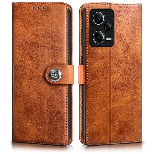 Image of WOW IMAGINE Shock Proof Flip Cover Back Case for Redmi Note 12 Pro 5G (Magnetic Button Flip Case | Wallet Pockets & Stand | Leather Finish | Alder Brown)