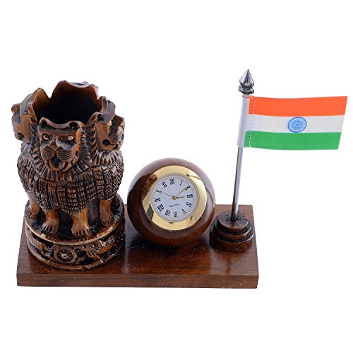 Image of Craft Trade 13x13 Cm Wooden Pen Stand with Clock National Flag Pencil Holder - Dark Brown