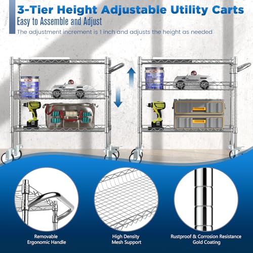 Image of Leteuke 3 Tier Rolling Carts with Wheels, Heavy Duty Rolling Utility Cart