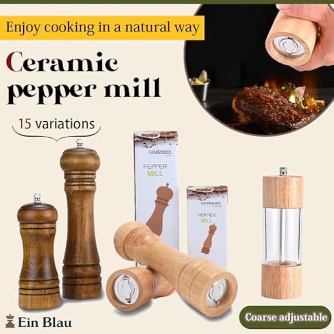 Wooden Pepper Mill or Salt Mill - Ceramic Blades and Adjustable Coarseness, Best Refillable Multi-Purpose Grinder for Salt, Pepper, Spice, Herb, Sesame Seed (8.6 Vintage + Oak)