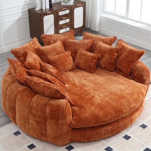 Oversized Round Chaise Lounge Chair, 81.1in Extra Wide Round Accent Chair for 2 People, Upholstered Barrel Chair, 14 Pillows, Comfy Cloud Daybed Lounge Fluffy Sleeper Sofa Chair (Orange)