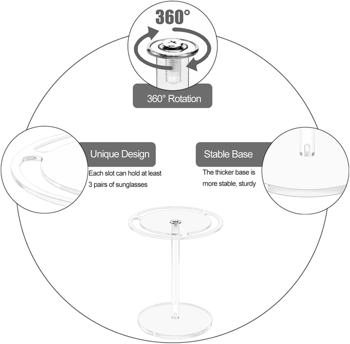 Acrylic Sunglasses Holder Stand, 360 Rotating Eyeglasses Display Rack Clear Glass Tabletop Organizer for Table Dresser Desk Countertop Bedroom