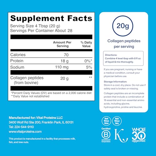 Vital Proteins Grass Fed Collagen Peptides Powder, Supports Hair, Skin, Nails, Bones, and Joints Health, Hydrolyzed Peptides - Zero Sugar, Unflavored, 20oz - Image 5