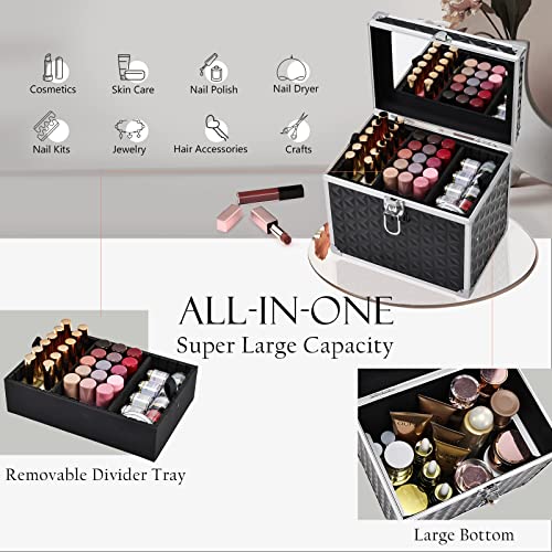 Professional Makeup Train Case Travel Organizer Case Cosmetic Storage Box With Divider Tray And Mirror Portable Cosmetology Travel Box For Makeup Artist, Nail Tech Kits, Crafters Train Case Black #TOP1