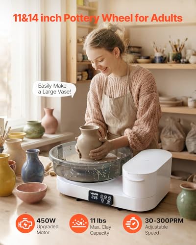 Image of VEVOR Pottery Wheel for Adults, 14 inch and 11 inch Turntables, 450W Electric Table Top Pottery Wheel with Foot Pedal, 30-300 RPM Adjustable Speed, Aluminum Body, for Beginners, DIY Clay Art Craft, White