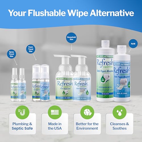 refresh liquid wipe toilet paper foam dispenser refill eco-friendly flushable wet wipe alternative with witch hazel and aloe 8 oz refill