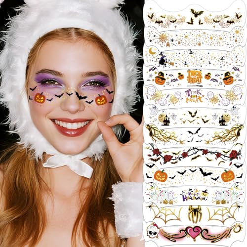 Halloween Glitter Freckle Tattoos, 12 Sheets Color Metallic Face Speckles Halloween Makeup Temporary Tattoos, Freckle Patches Makeup Accessories for Adults and Kids