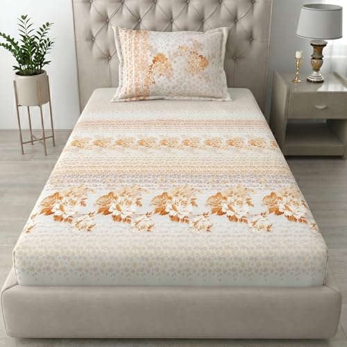 Image of Mafatlal 186 TC Spring Glory Graceful Pure Cotton Single Flatsheet (60 x 90 Inch) | Breathable Summer Comfort | Wrinkle-Free Floral Bedsheet with 1 Pillow Cover, Orange Peel