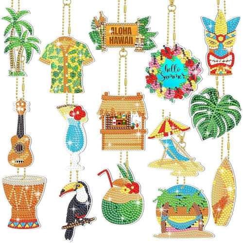 15 Pièces Porte-Clés en Diamant Kit Porte-Clés 5D DIY Hawaiian Diamond Painting Porte-Clefs en Strass Double Face avec Peinture d'art Accessoires pour loisirs créatifs Accessoires