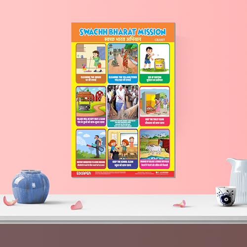 Image of ESCAPER Swachh Bharat Educational Charts (11.5 x 17.5 inches), 300 GSM Paper, Laminated, Self Adhesive Back, Kids Learning Posters, Perfect For Home Schooling, Nursery Students