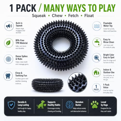 Image of Squeaky Dog Toys for Aggressive Chewers, Floating Donut Ring for Large Dogs | Black TPR dog chew toy for small and medium dogs, teeth cleaning and puppy teething; water toy for fetch and pool play