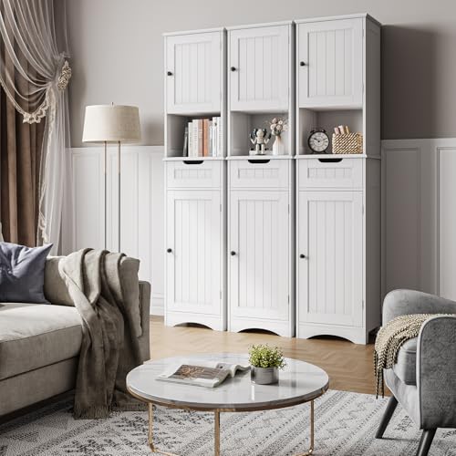 Miniatura 3 de Bealife Mueble Columna De Baño Estrecho Alto Muebles Auxiliares De Baño Con Estantes Ajustables, 1 Cajón, Puertas Y Compartimento Abierto, 170x40x30cm
