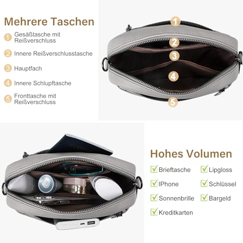 GASSDA Umhängetasche Damen PU Leder Crossbody Bag Handtasche Damen Kleine Taschen mit Abnehmbarem Schultergurt (Grau)