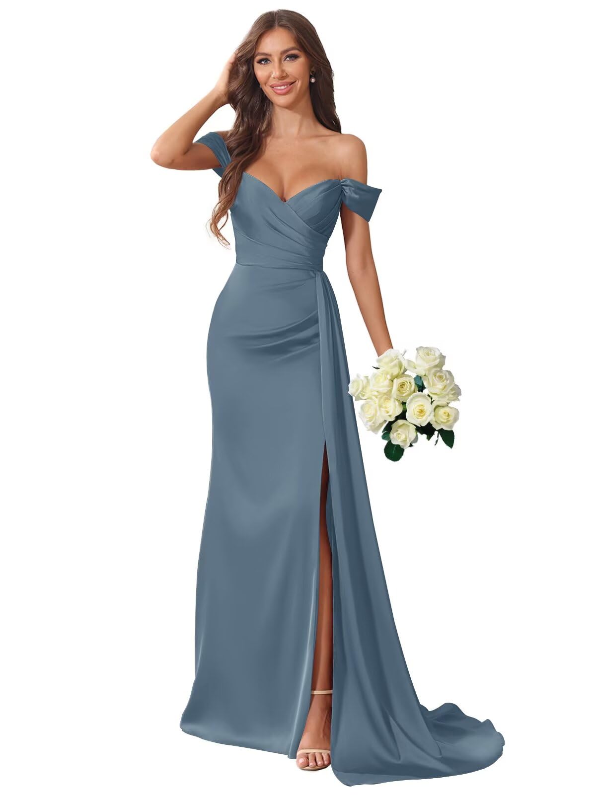 Women's Off Shoulder Bridesmaid Dresses Long with Slit Satin Prom Dress Wedding Guest Formal Gown