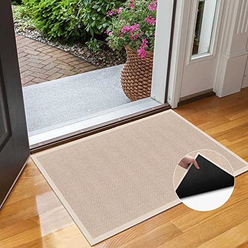 Indoor Door Mat Rug Non Slip, Washable Entry Mat Entry Way Rug, Small Outdoor Door Mat Waterproof, Stain Dirt Resistant Front Rubber Door Mat Outdoor Entrance, Low Profile House Patio Entry Rug, Beige #TOP30